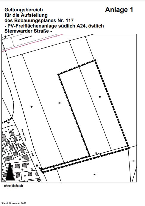 Kartographische Darstellung der Bebauungsfläche Nr. 117 - gestrichelte Linie umrandet ein Grundstück
