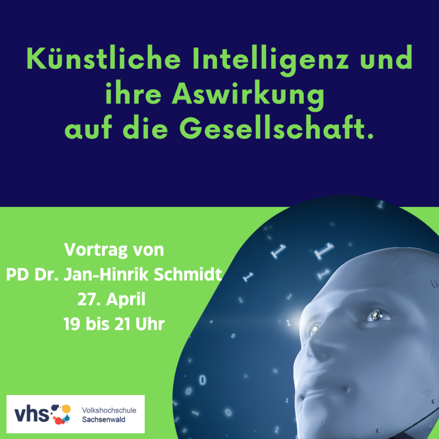 Grafik mit einem Roboter Kopf auf grün-blauen Hintergrund plus Text.