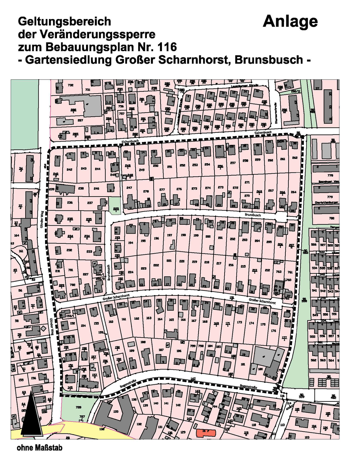 Kartografie zum Bebauungsplan 116 - Gartensiedlung Großer Scharnhorst, Brunsbusch