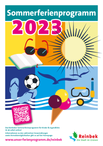 Sonne, Sommerbrille, Meer, Eis, Taucherbrille, Fußball - ein buntes Plakat, dass auf das Sommerferienprogramm der Stadt Reinbek hinweist.